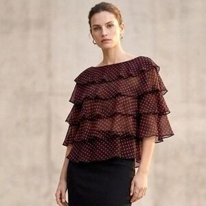 Vtg Silk Sheer Polka Dot Ruffle Off Shoulder Beaded Tiered Blouse Romantic 10